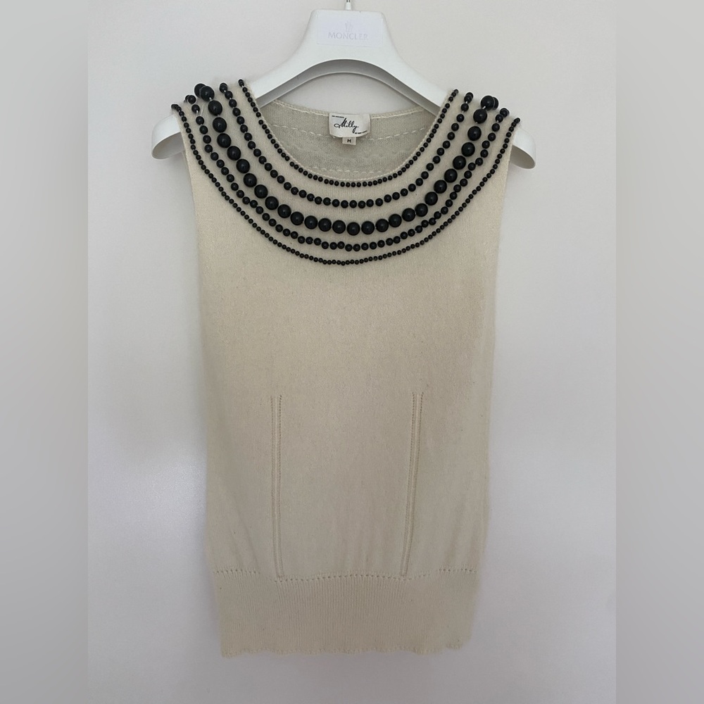 Vintage MILLY 100% Cashmere Sleeveless Sweater with Beaded Neckline